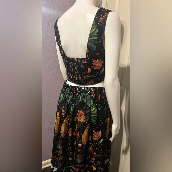 Coramoon Sz M Black Mystical Tropical Fern Print Cropped Top And Skirt Set Boho - Picture 7 of 7